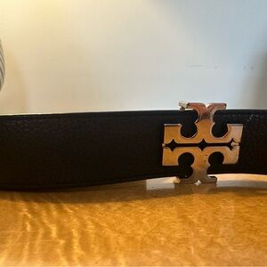 Tory Burch Black Leather Belt with Gold Logo Buckle